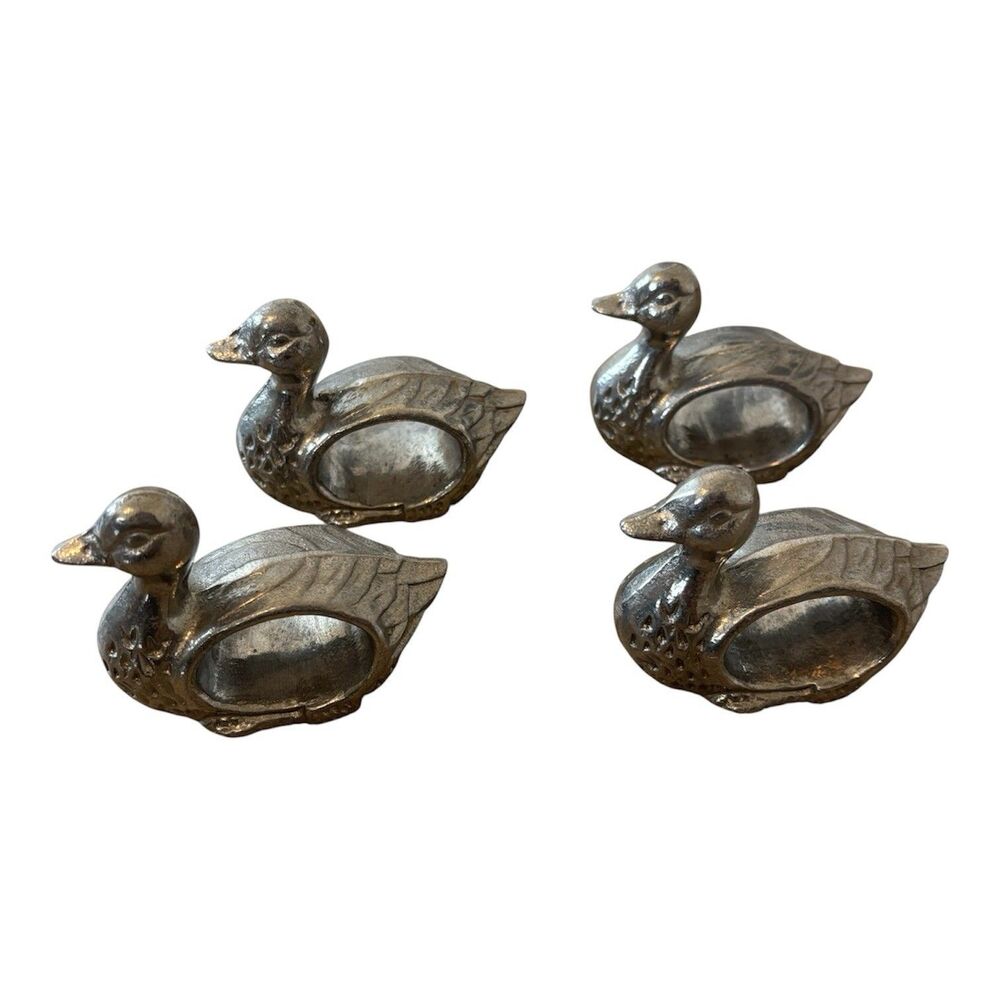 Vintage Pewter/ Metal Duck Napkin Rings Set 4 Grandmacore Cottagecore TableDecor